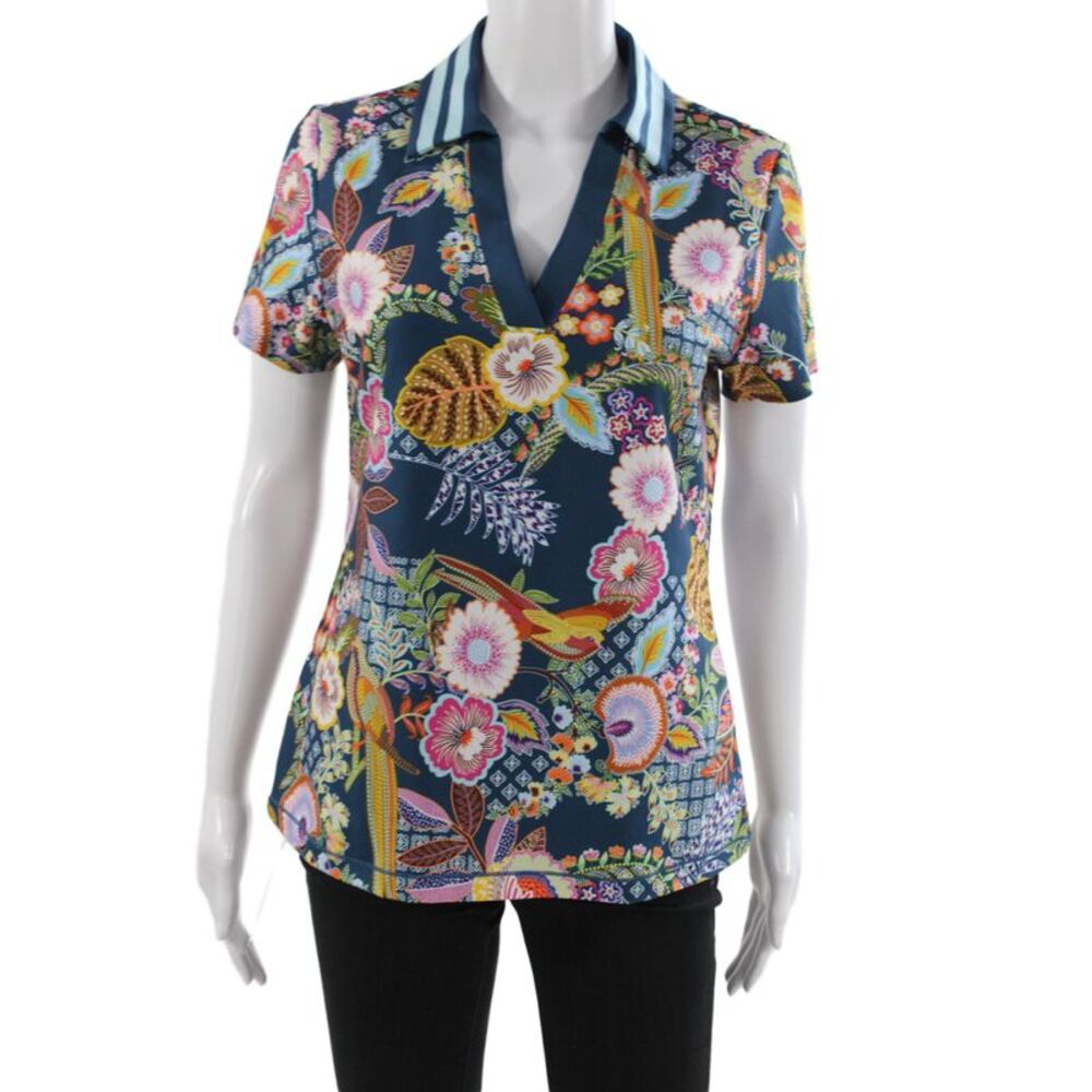 Johnny Was Womens Multicolor Floral Collared Pullover Polo Short Sleeve Size S